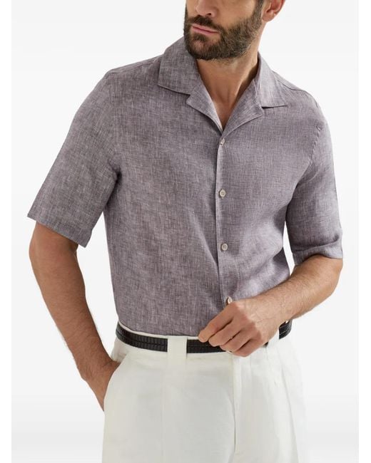 Brunello Cucinelli Gray Camp-Collar Short-Sleeve Shirt for men