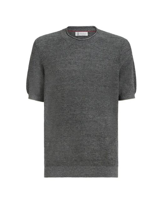 Brunello Cucinelli Gray Half English Ribbed T-Shirt for men