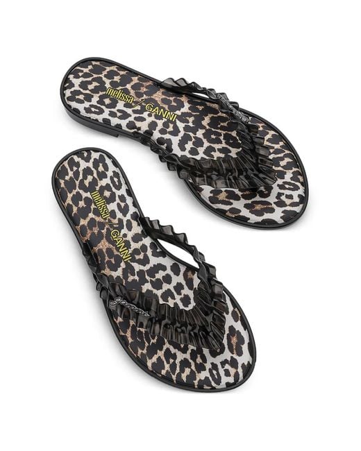 Melissa White X Ganni Leopard-Print Ruffled Flip Flops