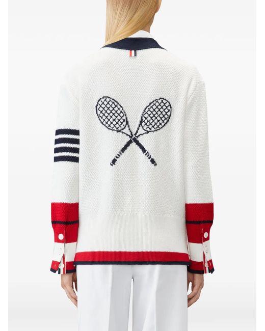 Thom Browne White Tennis Racquet Intarsia 4-Bar Seed Stitch Cardigan