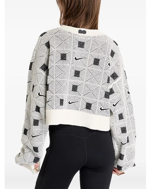 Nike White Geometric-Pattern V-Neck Sweater