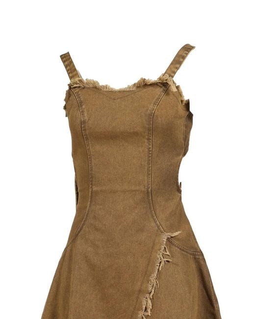 VIVAMUS Natural Frayed-Edge Open-Back Denim Midi Dress