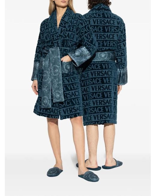 Versace Blue Logo-Pattern Belted Robe