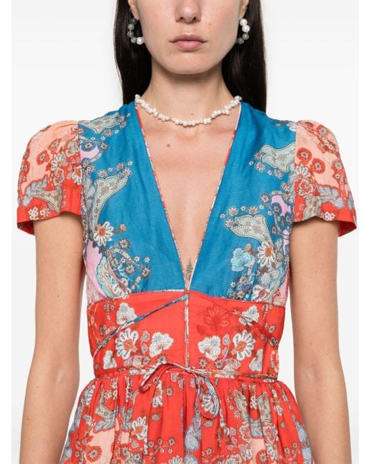 Sandro Red Floral-print V-neck Mini Dress