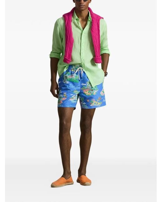 Polo Ralph Lauren Blue Light Nylon Traveler Polo Bear 14.5 Cm Swim Shorts With Bahamas Bear Print for men