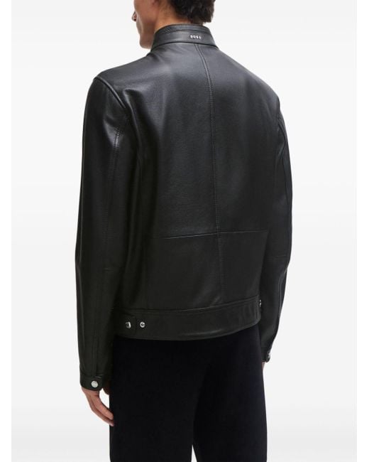 Boss Black Band-collar Leather Jacket for men