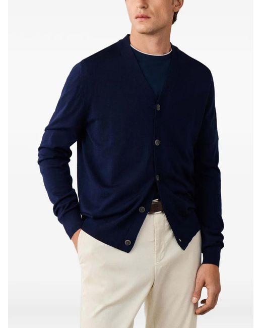 Hackett Blue Merino Wool V-Neck Cardigan for men
