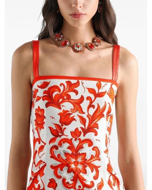 Dolce & Gabbana Red Majolica-Print Charmeuse Dress
