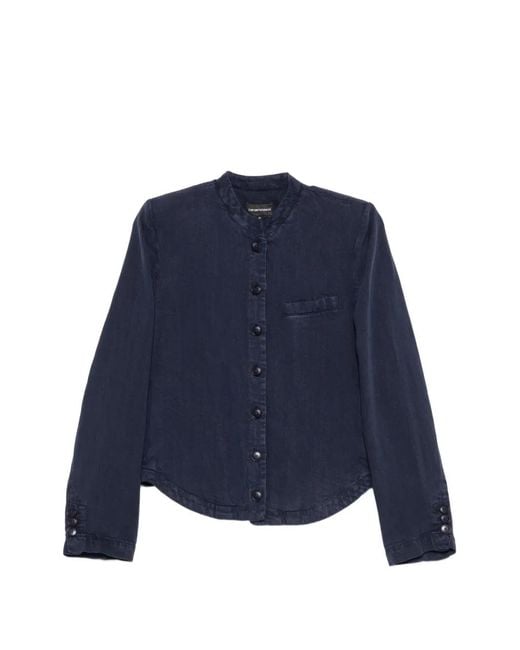 Emporio Armani Blue Buttoned Band-Collar Jacket