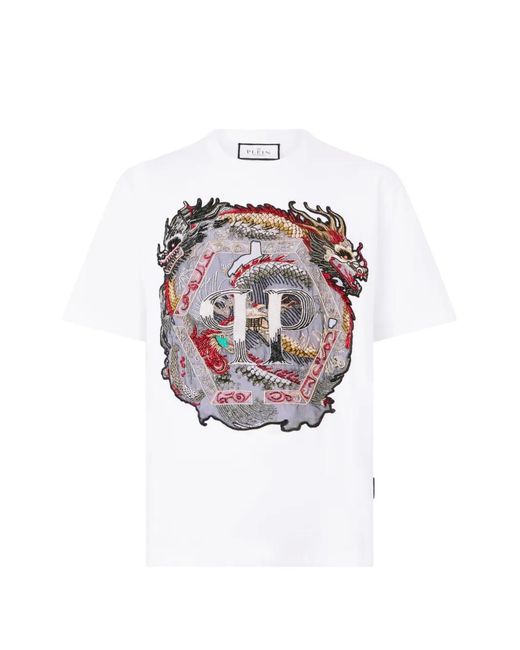 Philipp Plein White Round-Neck Dragon-Motif T-Shirt for men
