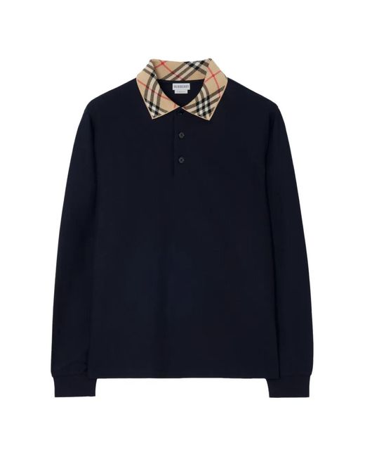 Burberry Blue Long-Sleeve Check Collar Cotton Polo Shirt for men