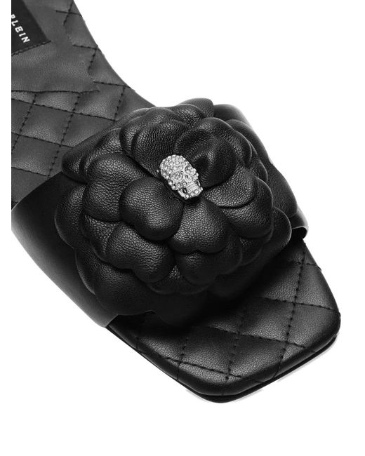 Philipp Plein Black Leather Flat Slides Flower