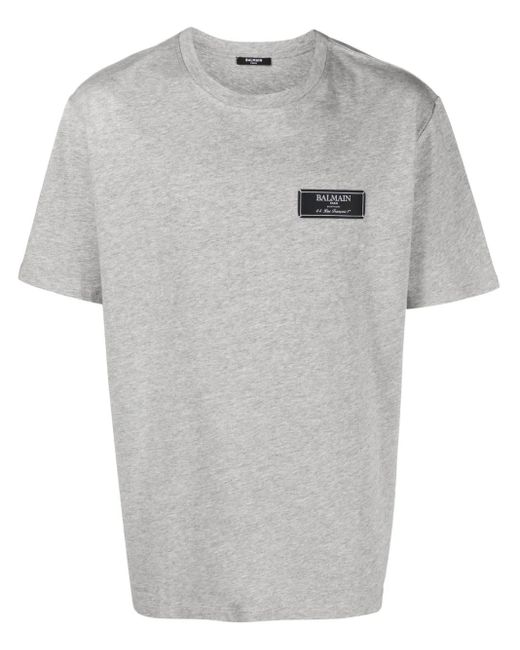 Balmain Gray Logo-Patch Mélange T-Shirt for men