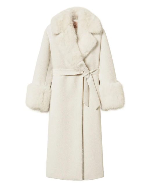 Twinset White Faux-Fur-Trimmed Belted Coat