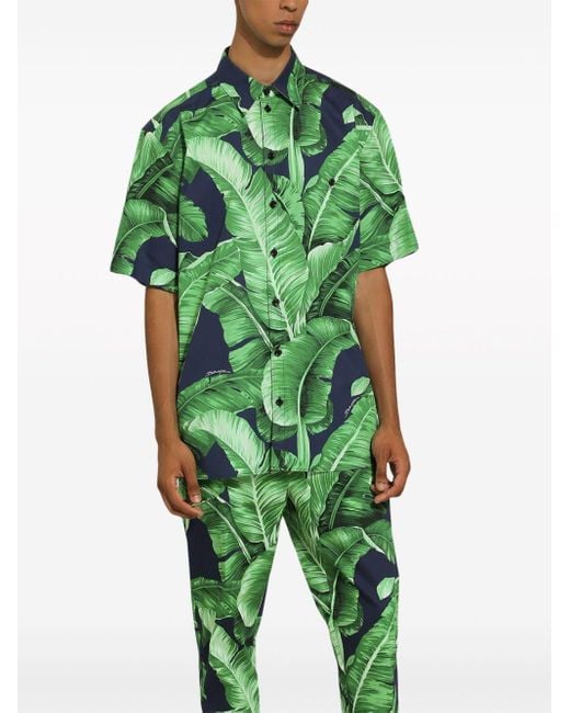 Dolce & Gabbana Green Leaf-print Cotton Shirt for men