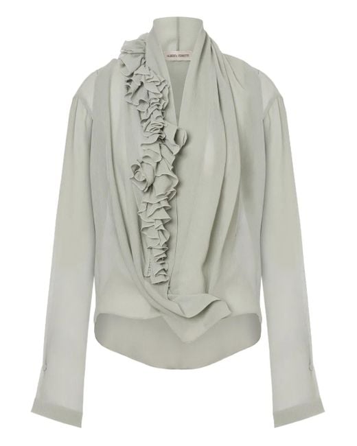 Alberta Ferretti Gray Light Ruffle Blouse With Deep V-Neckline