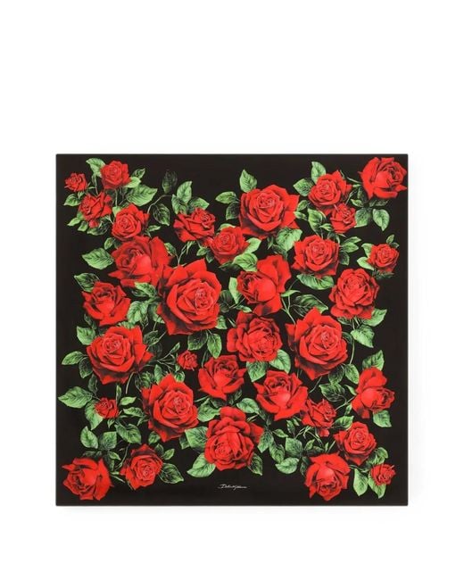 Dolce & Gabbana Red 90X90 Rose-Print Silk Twill Scarf