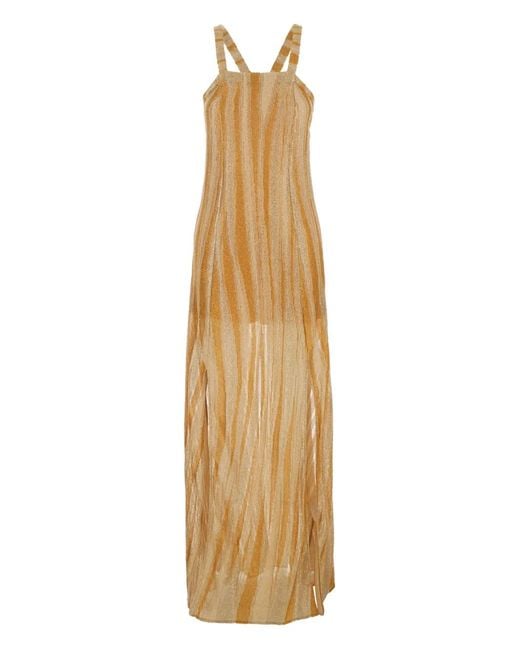 Forte_forte Metallic Long Sleeveless Dress With Square Neck And Criss-Crossed Shoulder Straps On The Rear