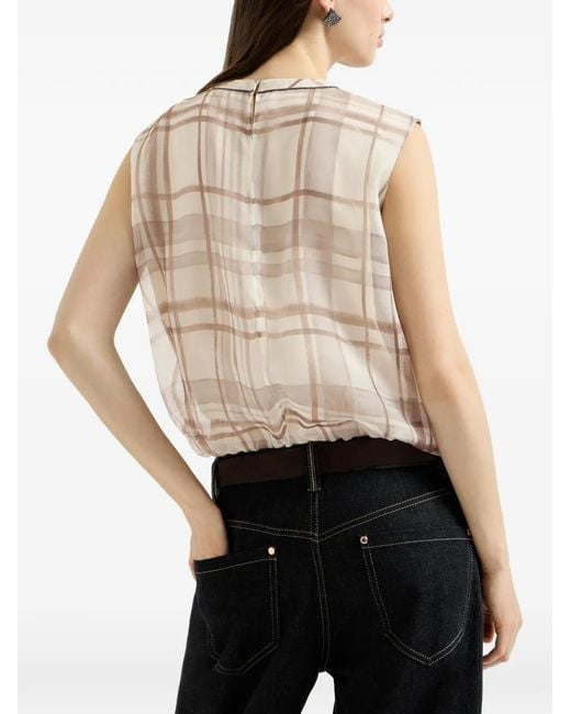 Brunello Cucinelli Natural Macrocheck-Print Organza Blouse