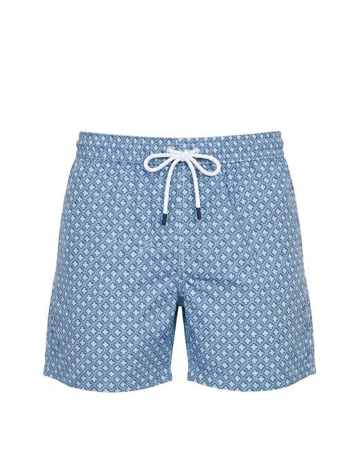 Fedeli Blue Geometric-Print Drawstring Swim Shorts for men