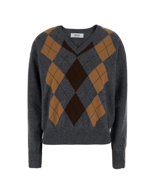 Jucca Black Argyle-Intarsia V-Neck Sweater