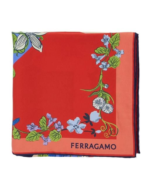 Floral-print logo scarf Ferragamo de color Red