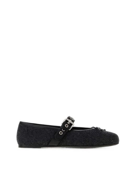 Miu Miu White Buckle-Strap Wool Ballet Flats