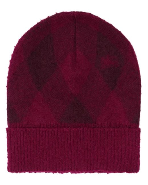 Burberry Red Intarsia-Knit Logo Argyle Checked Beanie for men