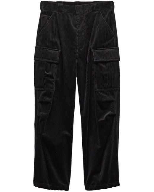 Prada Black Wide-Leg Corduroy Cotton Cargo-Pocket Trousers for men