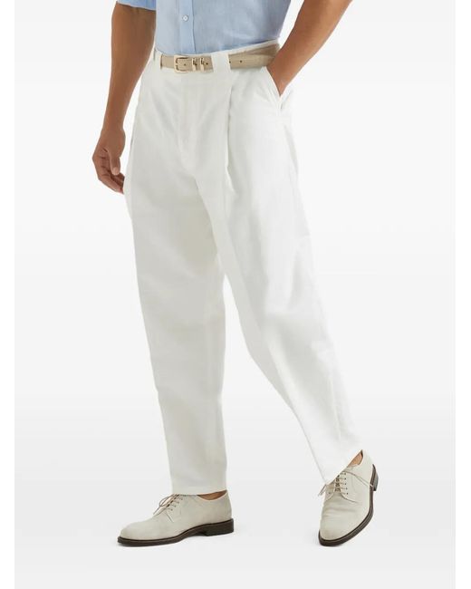 Brunello Cucinelli White Panama Pleated Trousers for men