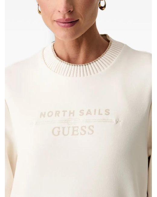 Guess White Button-Detail Logo-Print Sweater
