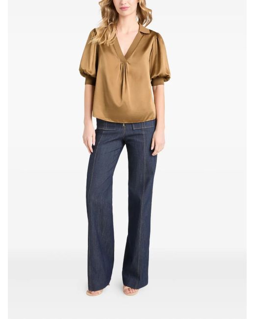 Cinq À Sept Brown Weldon Collared V-Neck Short-Sleeve Silk Combo Top