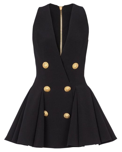 Balmain Black Pleated Crepe V-Neck Mini Dress