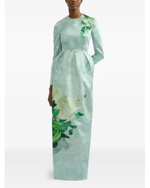 Erdem Green Flroal-Print Textured Satin Maxi Dress