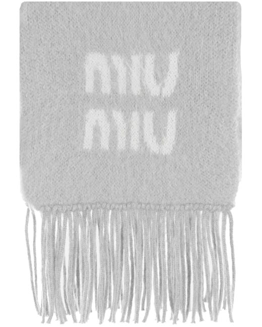 Miu Miu White Logo-Jacquard Fringed Scarf
