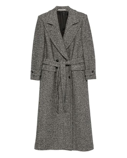 Tagliatore Gray Herringbone-Pattern Belted Coat