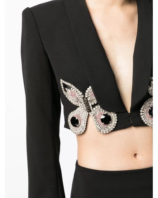 Area Black Crystal-embellished Cropped Wool Blazer
