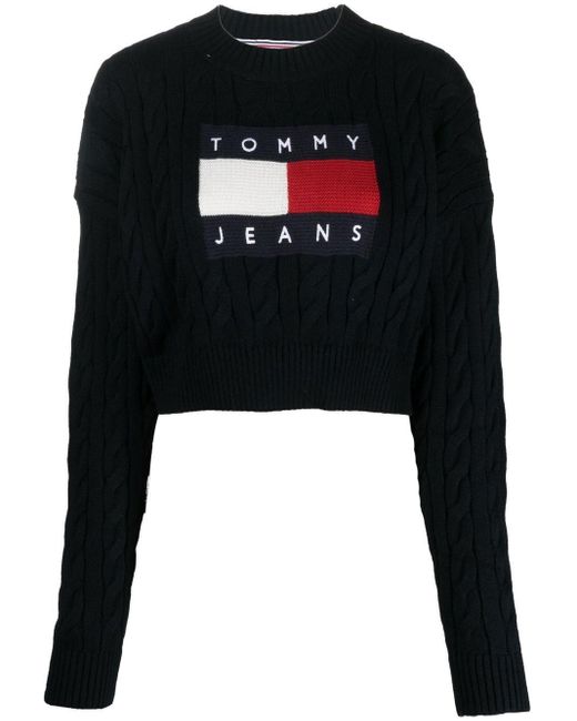 Tommy Hilfiger Denim Logo-knit Cropped Jumper in Black | Lyst