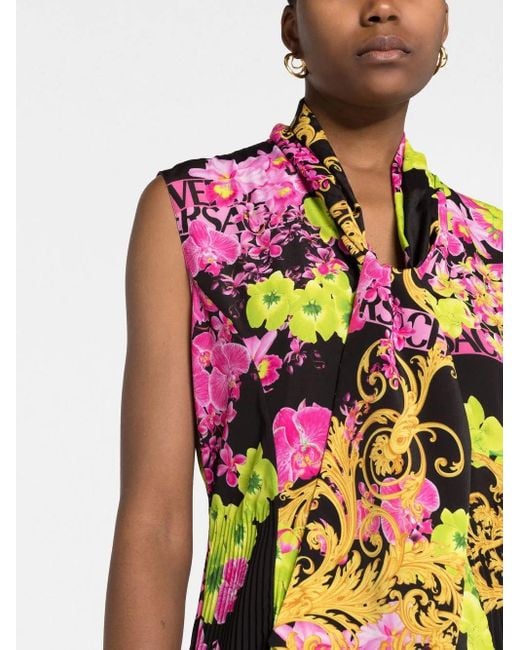 Versace White Logo Orchid-Print Midi Dress