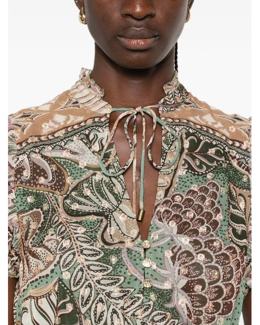 Farm Rio Green Dotted-Foliage Ruffled-Sleeve Mini Dress