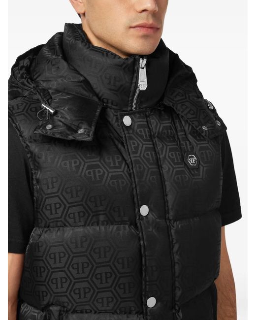Philipp Plein Black Nylon Down Vest Monogram for men