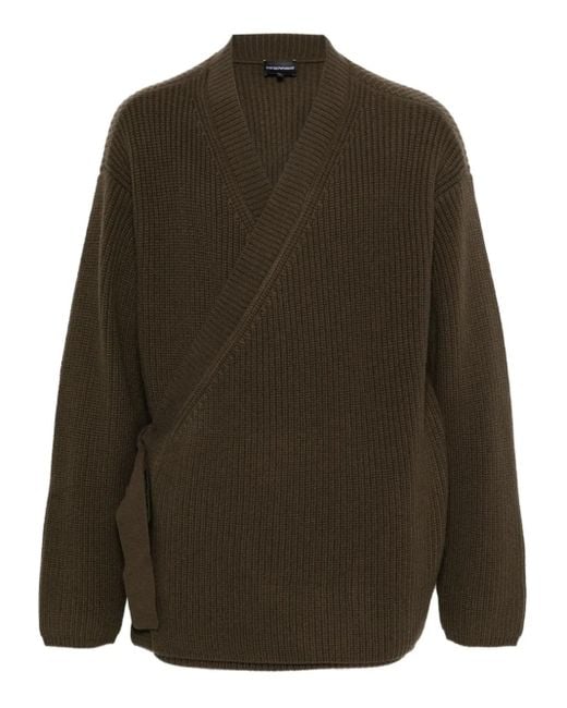 Emporio Armani Green Ribbed Wrap Cardigan for men