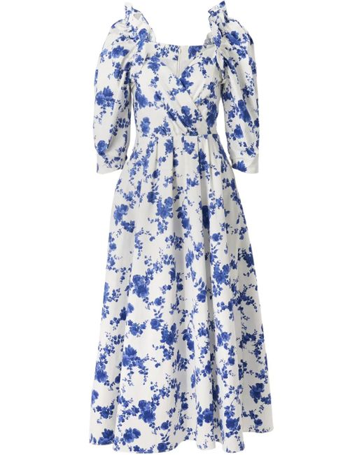Carolina Herrera Blue Floral-Print Balloon-Sleeve Midi Dress