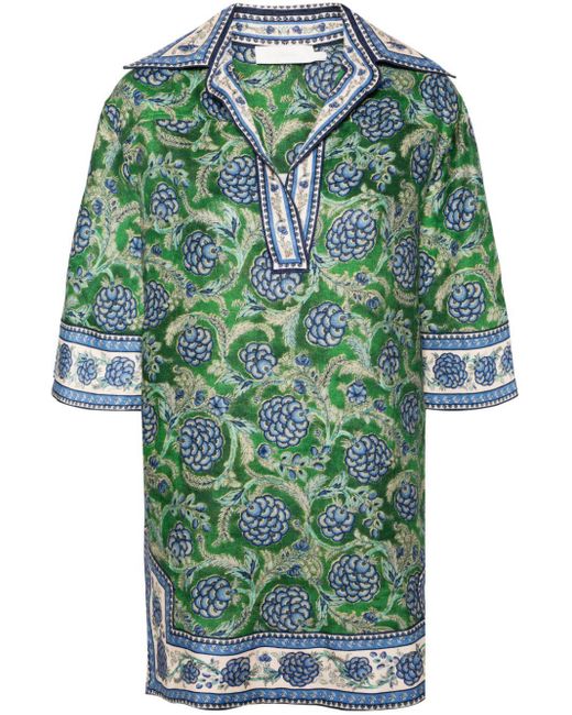 Zimmermann Green Floral-print Linen Shift Dress