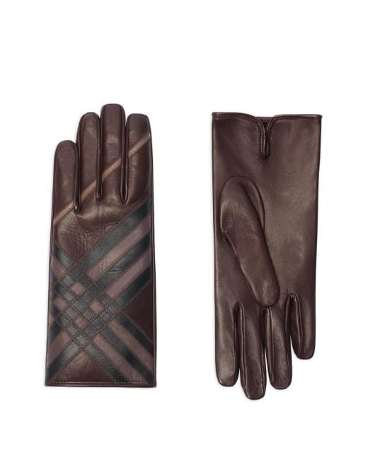 Burberry Brown Check-Pattern Leather Gloves