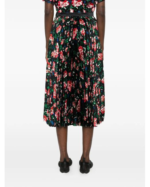 Sacai Black Floral-Print Pleated-Design Midi Skirt