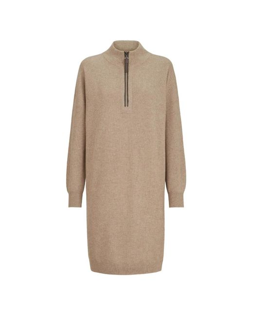 Brunello Cucinelli Natural Virgin Wool, Cashmere And Silk Rib-Knit Dress With Precious Half-Zip