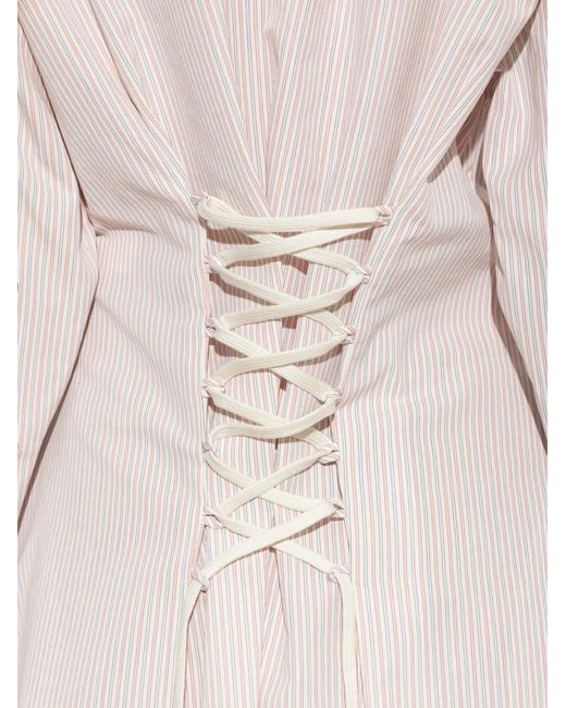 McQueen White Lace-Up Striped Shirt Midi Dress