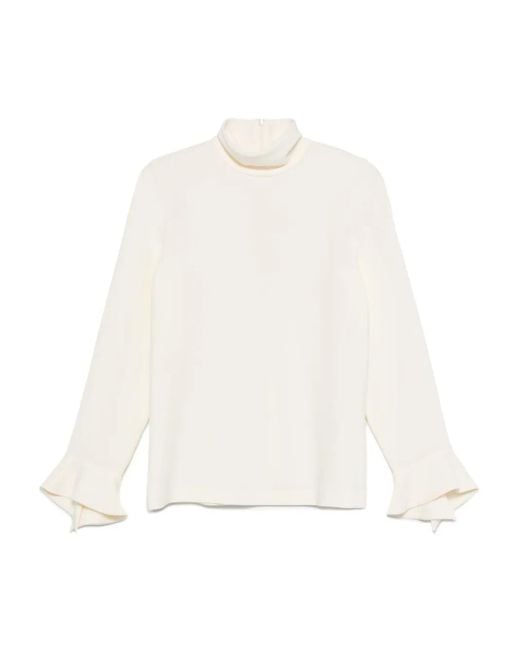 Alberto Biani White High-Neck Bell-Sleeve Blouse