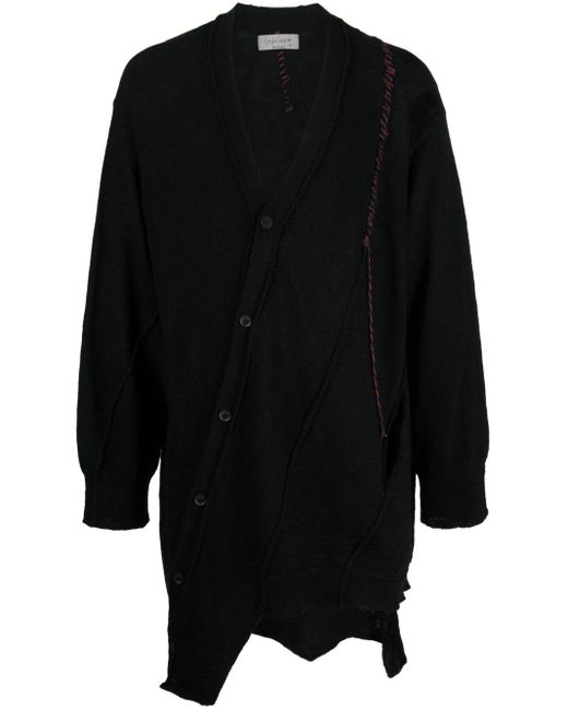 Yohji Yamamoto Black Contrast-stitch Asymmetric Wool Cardigan for men